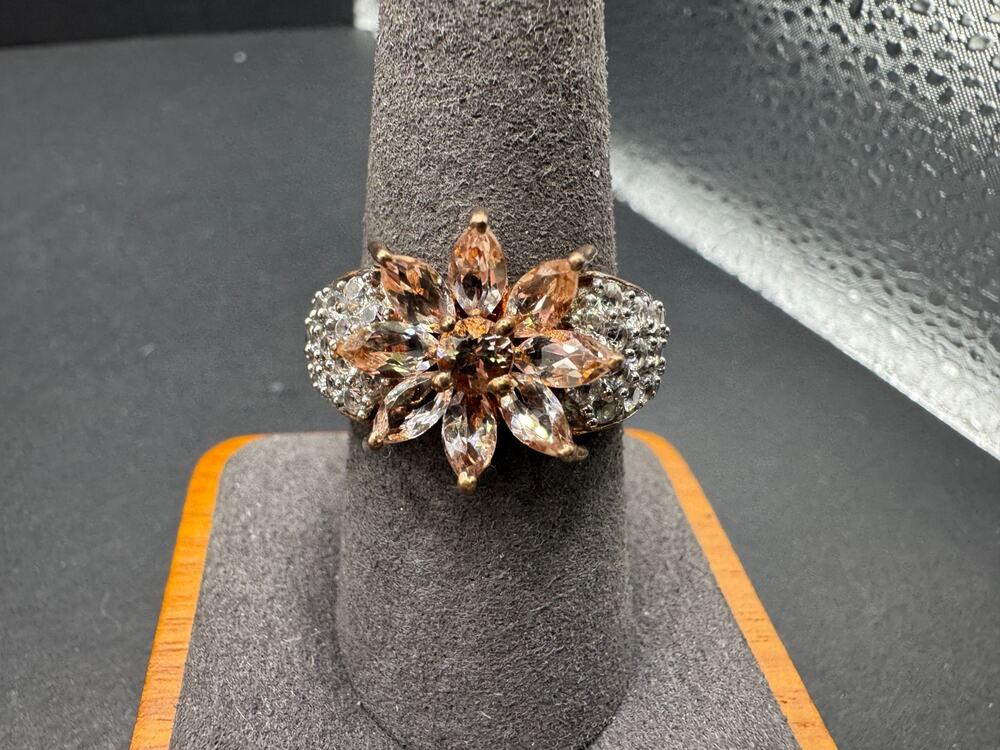 STS 925 Sterling Silver Rose Gold Champagne Marquise Flower Cluster Ring Sz 9